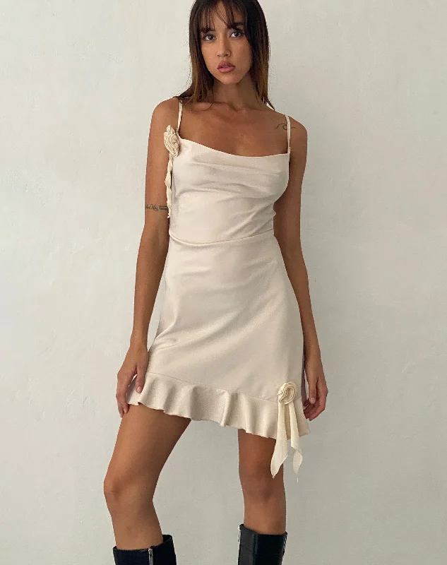 Ladies mini dress boat neck -Litera Ruffle Rosette Mini Dress in Cream