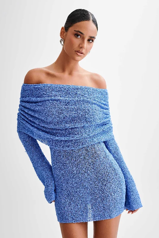 Ladies mini dress aqua -Marisol Off Shoulder Boucle Mini Dress - Periwinkle