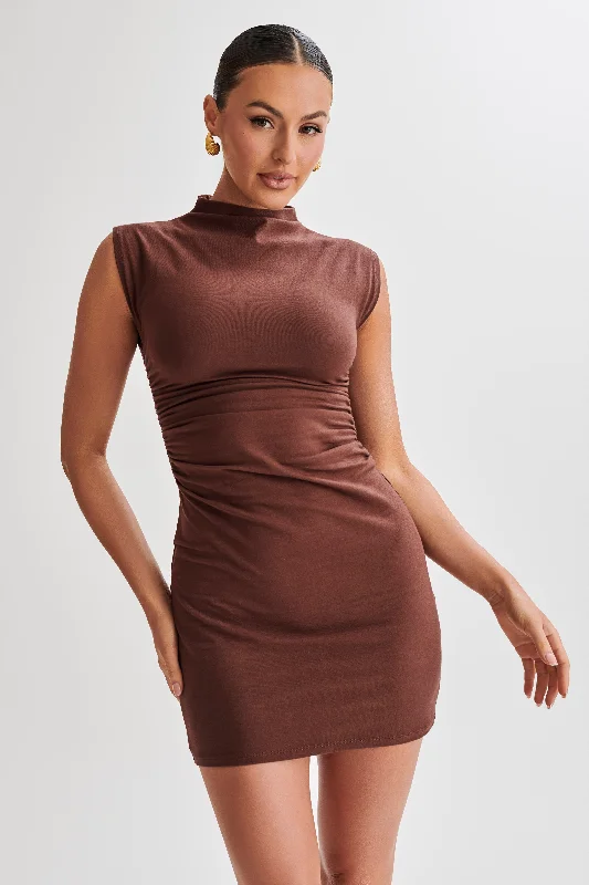 Ladies mini dress picnic -Melania High Neck Mini Dress - Mocha