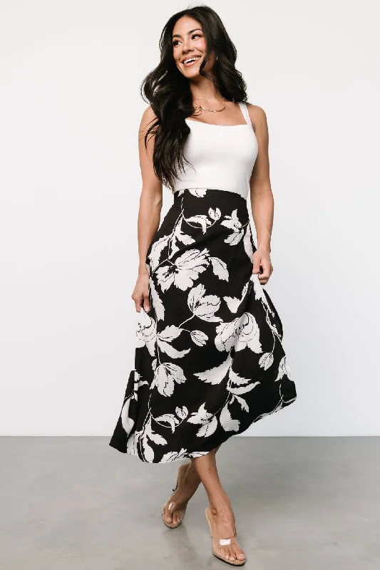 Women's midi dress monochrome -Osaka Midi Skirt | Black + White Floral