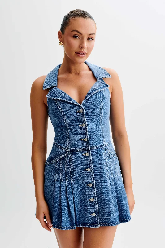 Ladies mini dress trendy 2025 -Porter Collared Denim Mini Dress - 70'S Blue