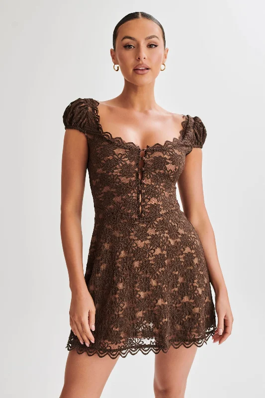 Ladies mini dress ruched -Temperance Lace A-Line Mini Dress - Chocolate