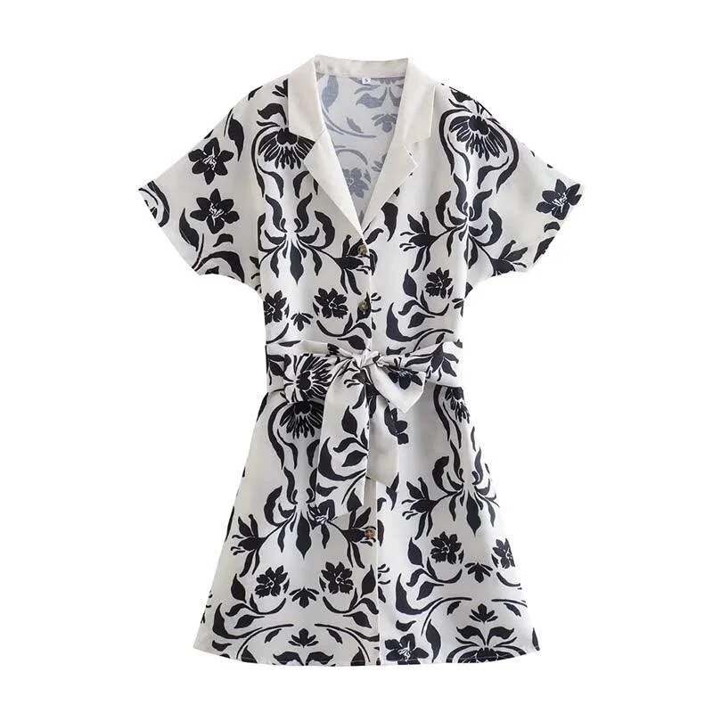 Ladies mini dress comfy -Women's Printed Mini Shirt Dresses w/ Bow Belt