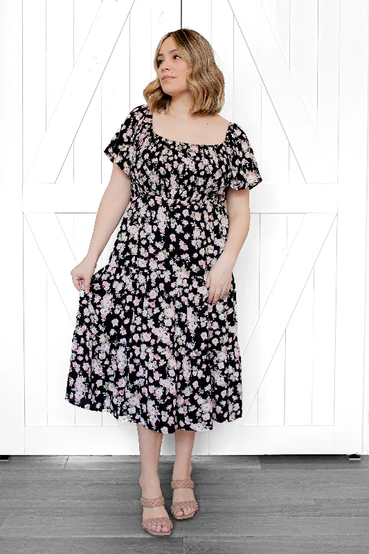 Women's midi dress birthday -Adella Smocked Floral Midi Dress in Black (FINAL SALE)