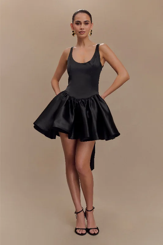 Ladies mini dress V-neck -Felicia Satin Mini Dress With Bow - Black