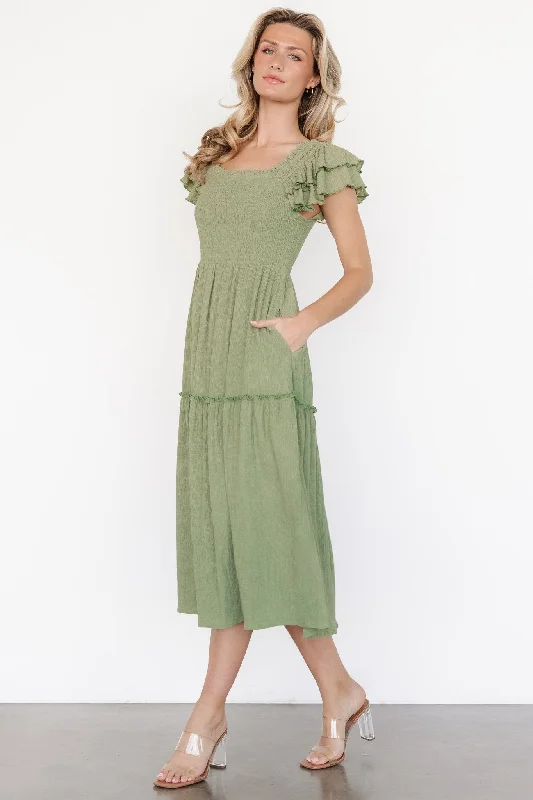 Women's midi dress casual -Jacie Smocked Midi Dress | Sage