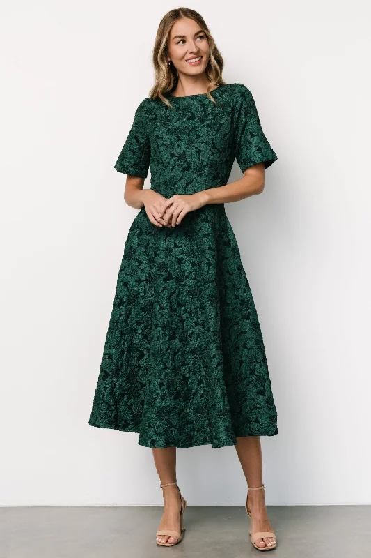 Women's midi dress anniversary -Kya Embossed Midi Dress | Emerald Green