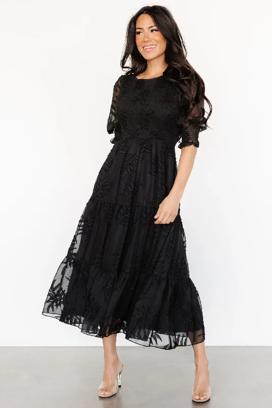 Women's midi dress tea party -Nellie Smocked Midi Dress | Black